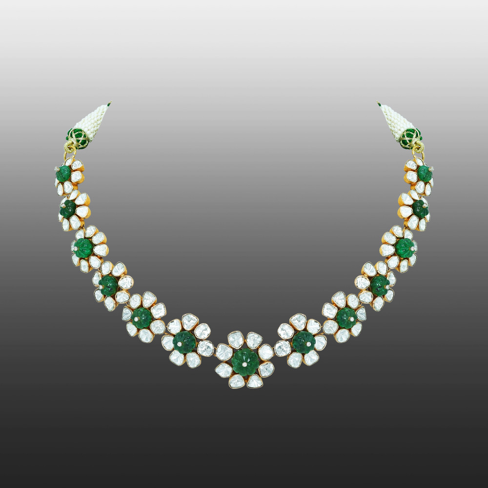 Polki Necklace with Emerald Accents and Blooming Design